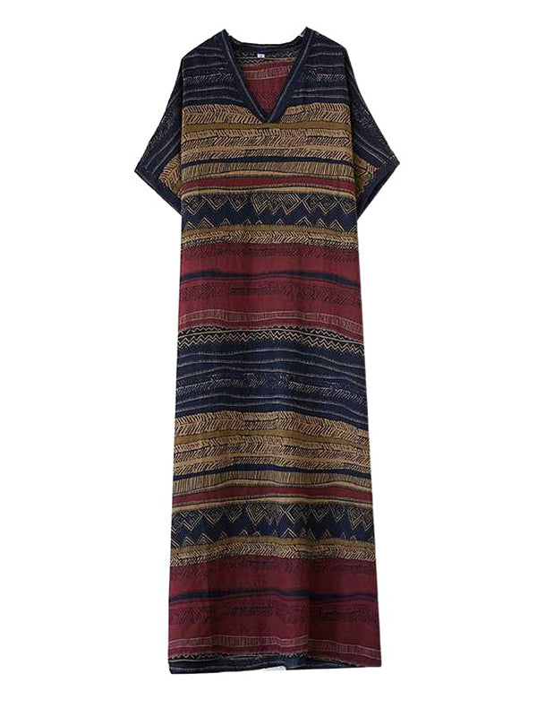 A-line Batwing Sleeves Split-joint Striped V-neck Maxi Dresses