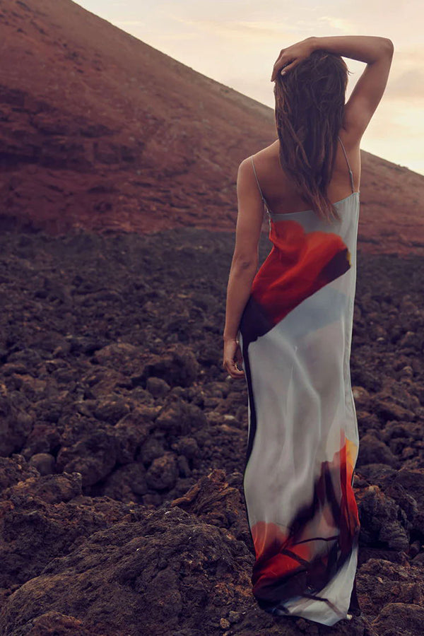 Passionate Wine Glass Flower Abstract Tulip Print H-shaped Long Dress