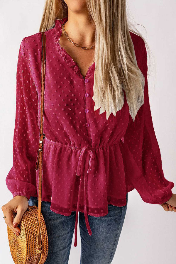 V-neck Button Tie Waist Polka Dot Blouse