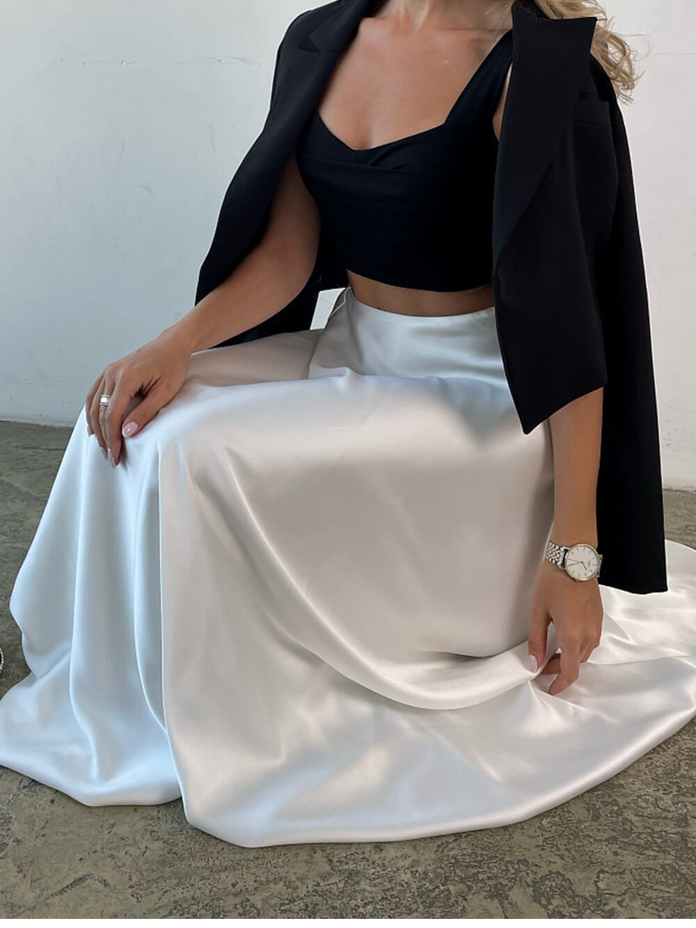 Acetate Satin Silky Draped High-waisted Skirt