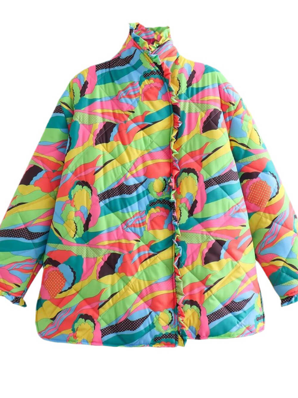 Printed Pleated Lace-trimmed Cotton Coat