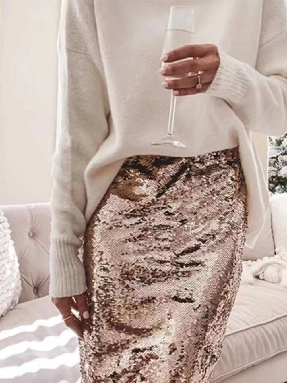 Sequined Hip-hugging A-line Skirt