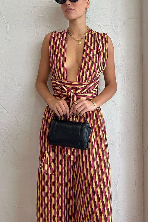 Moxidress Back Criss Cross Knot Waist Wide Leg Printed Jumpsuit