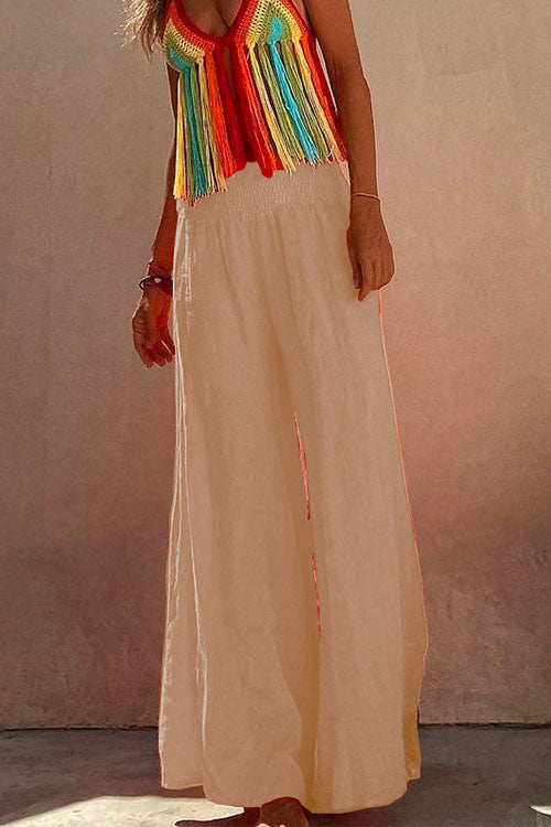 Smocked Elastic Waist Baggy Wide Leg Cotton Linen Pants