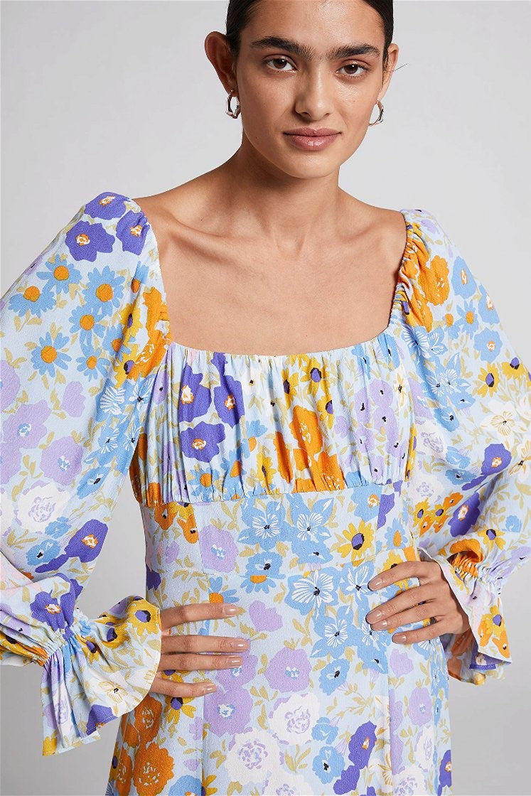 Puff Sleeve Split Midi Dress