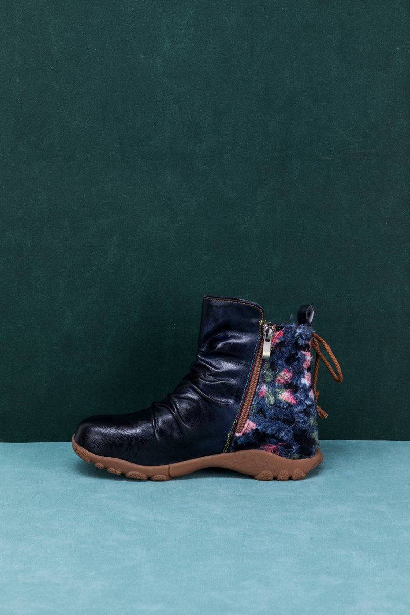 Soffia | Ruched Black Leather Combat Boot
