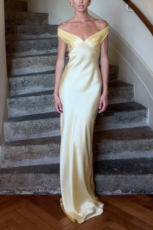 Moxidress Off Shoulder Backless Cut Out Satin Maxi Dress