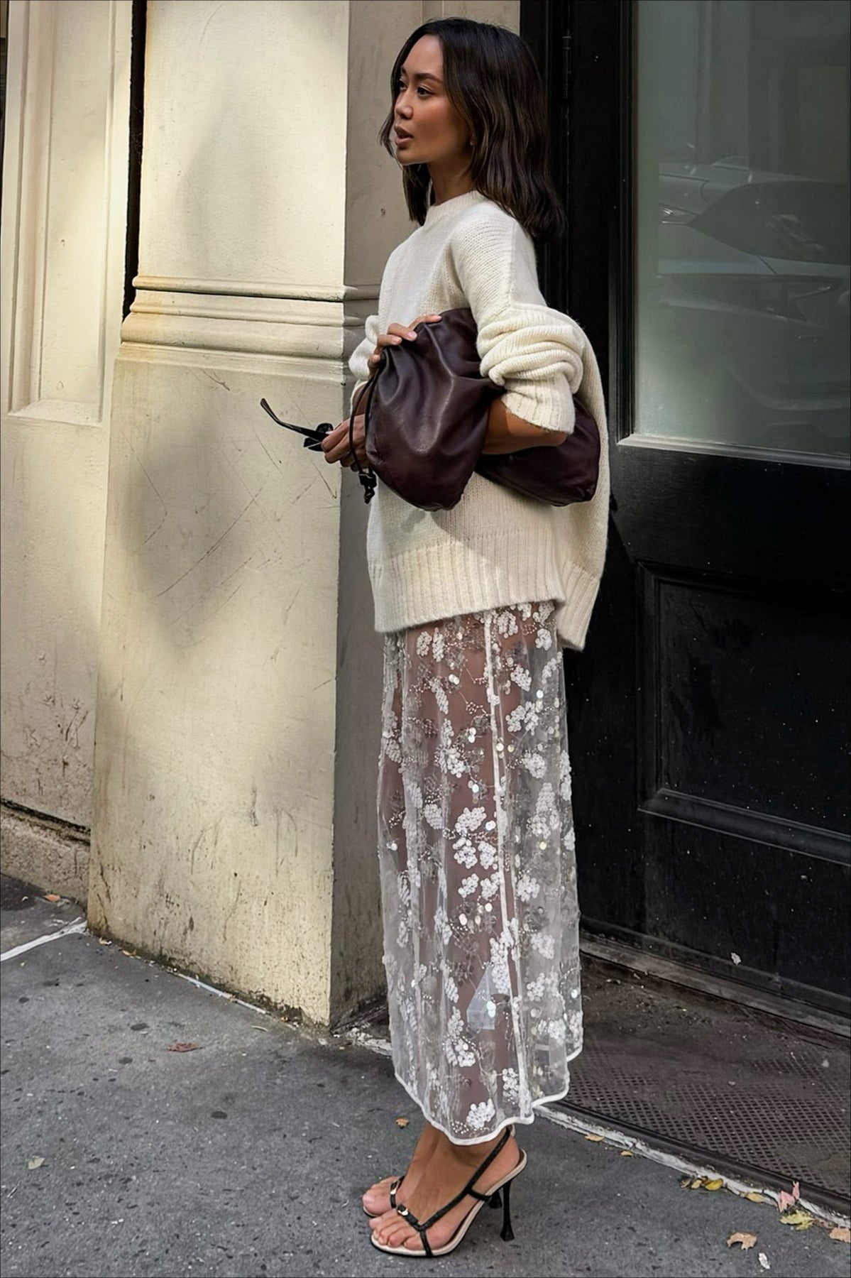 Sequin Lace Midi Skirt With Slit Skirt