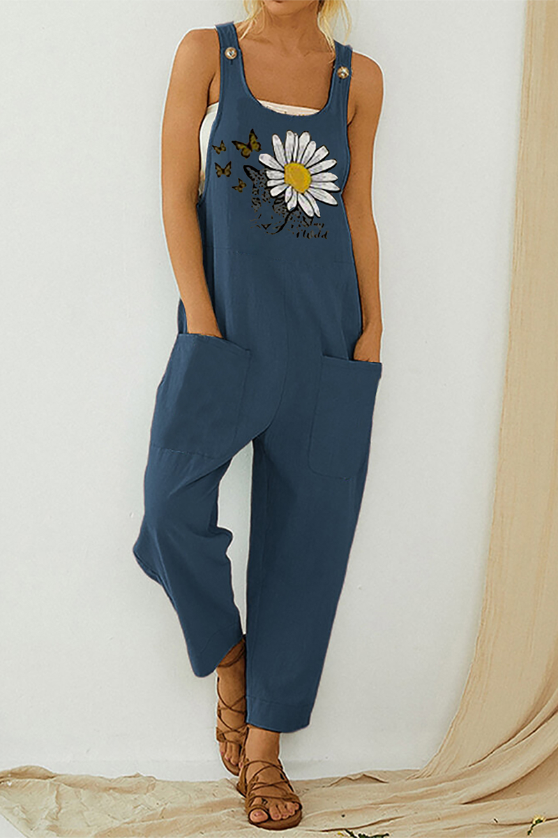 Print Pocket Buttons U Neck Straight Jumpsuits(3 Colors)