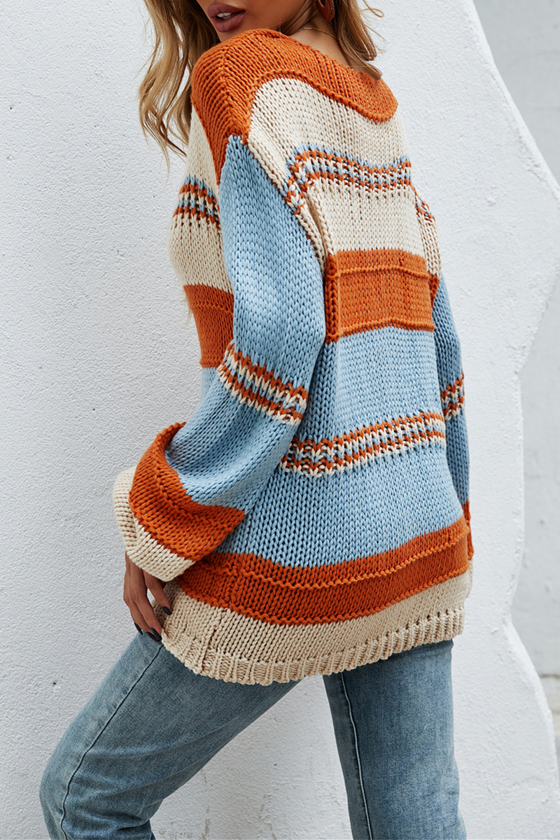 Striped Contrast V Neck Tops Sweater
