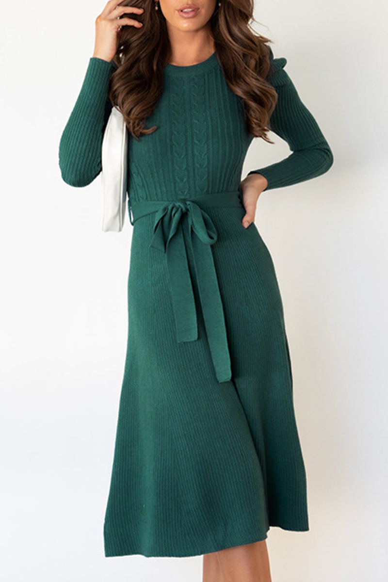 With Belt O Neck Sweater Dresses(5 Colors)