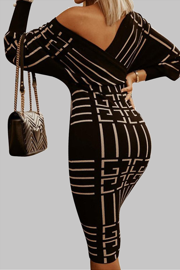 Print Patchwork V Neck Pencil Skirt Dresses(3 Colors)