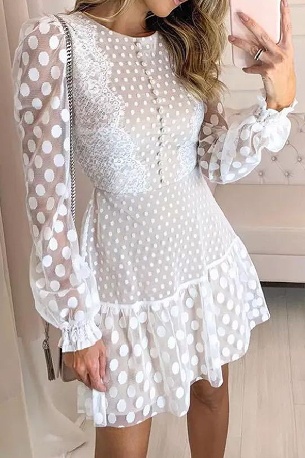 Polka Dot Lace Flounce O Neck Waist Skirt Dresses