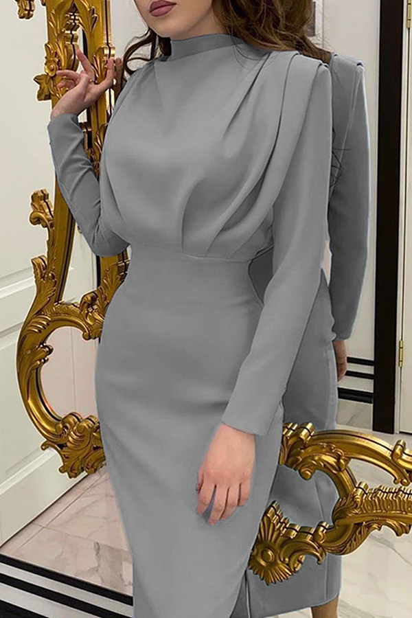 Fold Mandarin Collar Waist Skirt Dresses(5 Colors)