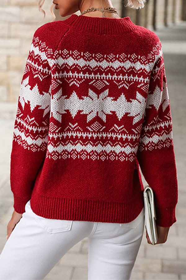 Snowflakes Contrast O Neck Tops Sweater