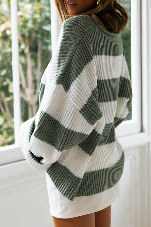 Striped Split Joint Contrast O Neck Tops Sweater(5 Colors)