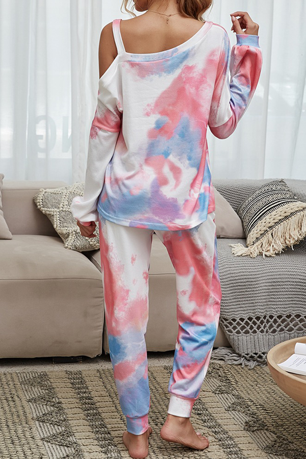 Tie Dye Hollowed Out Patchwork Conventional Collar Long Sleeve Two Pieces
