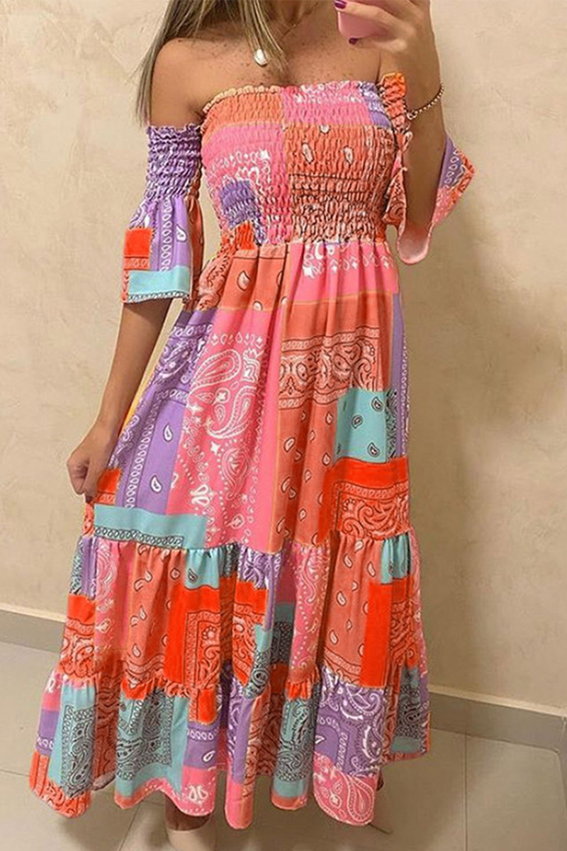 Print Split Joint Off the Shoulder Waist Skirt Dresses