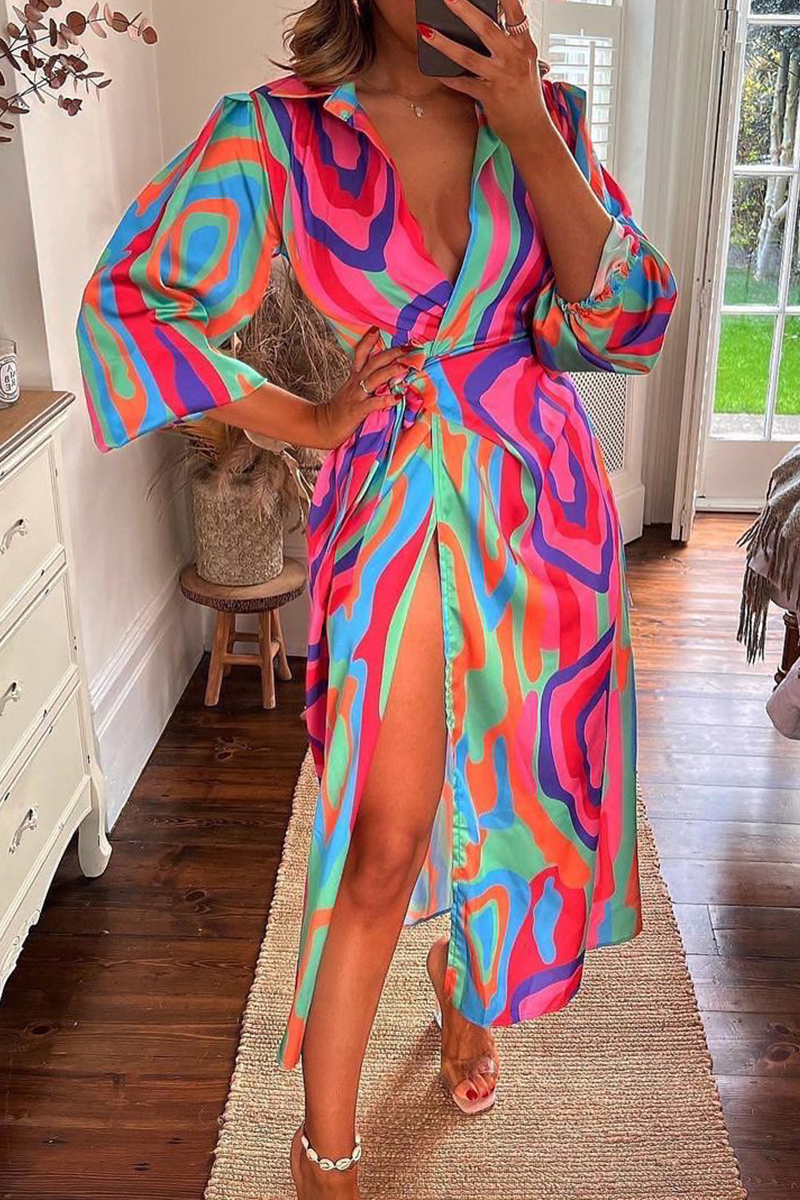 Print V Neck Waist Skirt Dresses(3 Colors)