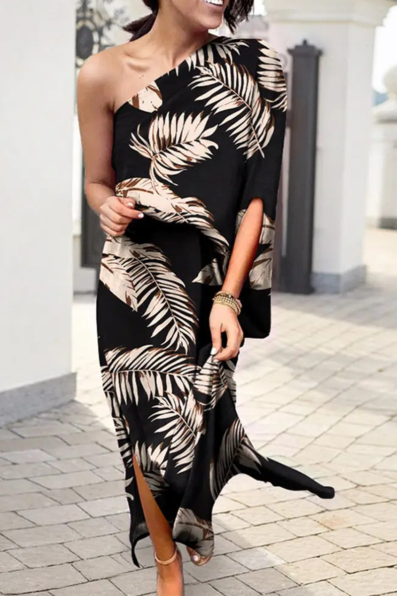 Print One Shoulder Waist Skirt Dresses(5 Colors)