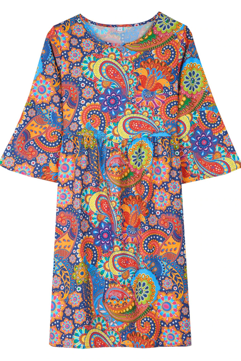 Print Patchwork O Neck Cake Skirt Dresses