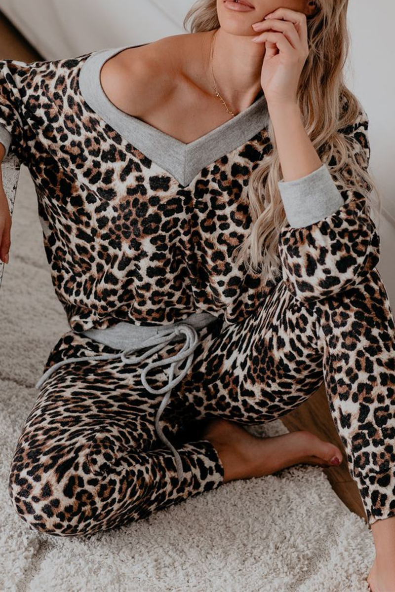 Leopard Patchwork One Shoulder Long Sleeve Two Pieces