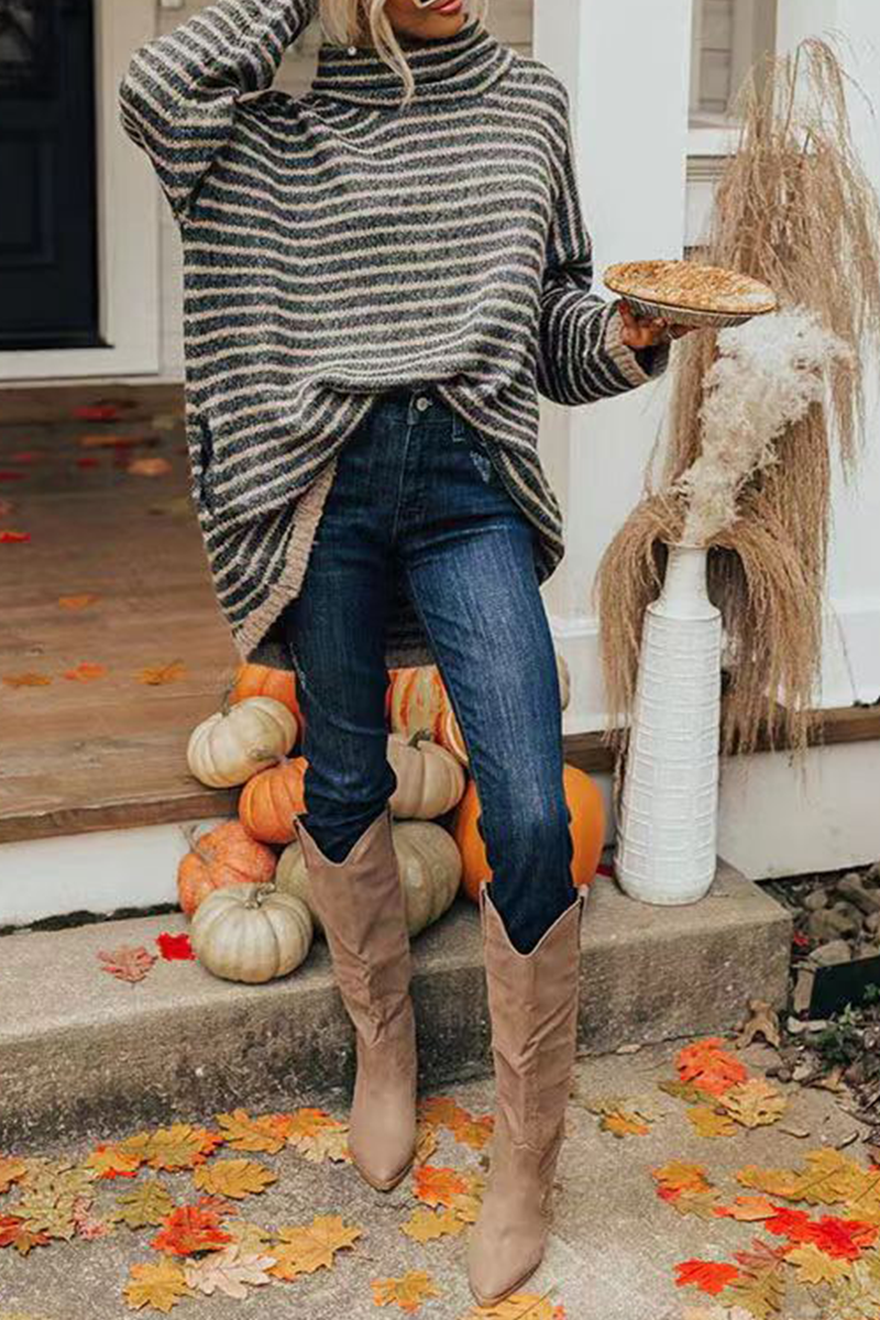 Striped Patchwork Turtleneck Sweaters(4 Colors)