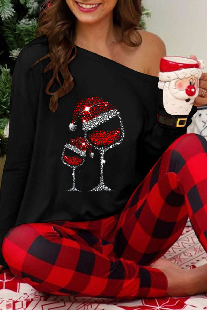 Plaid Print Basic Oblique Collar Long Sleeve Two Pieces