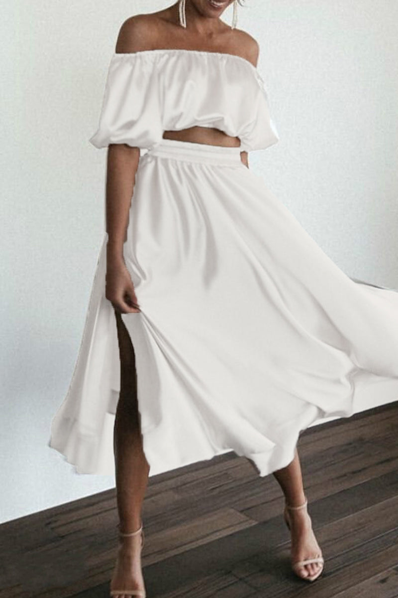 Fold Asymmetrical Off the Shoulder Half Sleeve Two Pieces