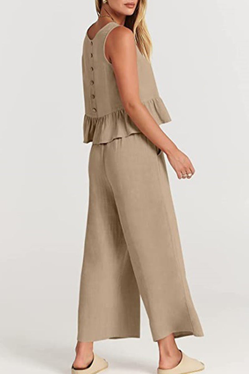 Simplicity Pocket Buttons O Neck Sleeveless Two Pieces