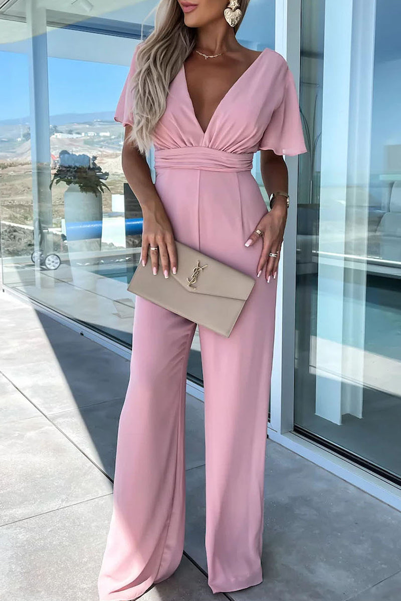 Color V Neck Regular Jumpsuits