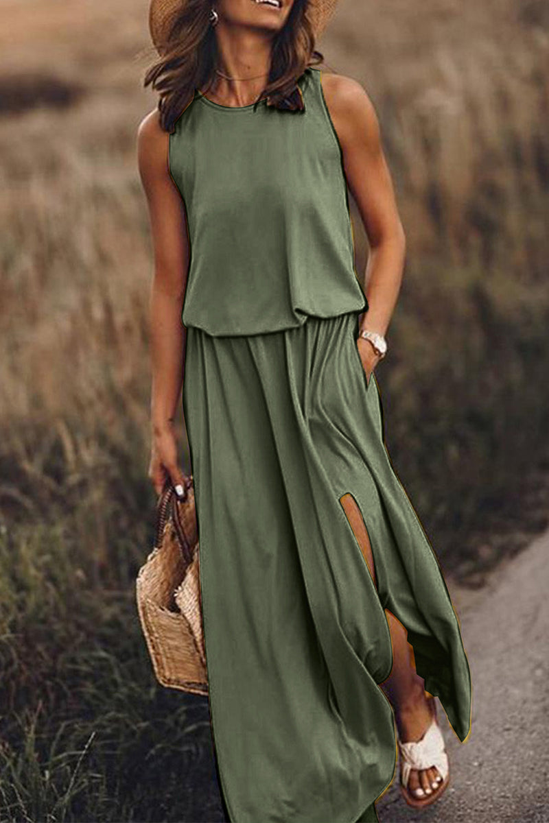 Patchwork Slit O Neck Waist Skirt Dresses(8 Colors)