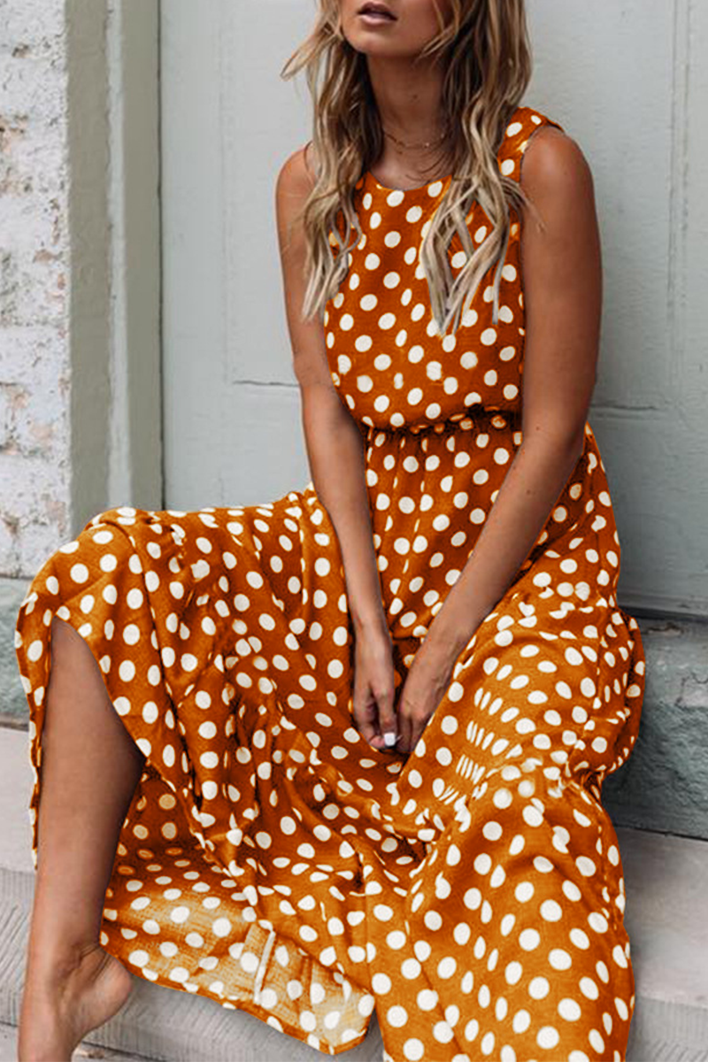Dot Patchwork O Neck Cake Skirt Dresses(5 Colors)