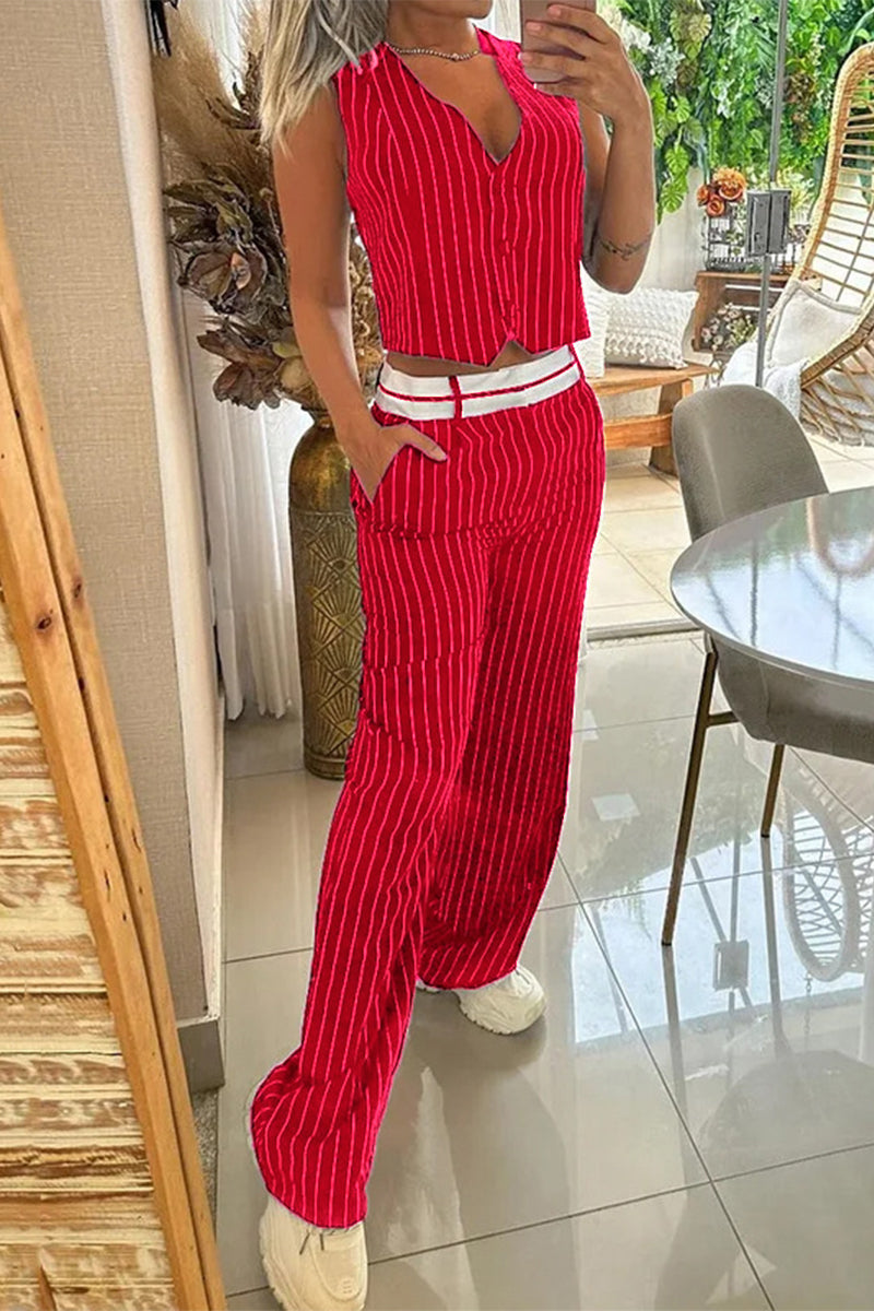Work Striped Buckle V Neck Sleeveless Two Pieces