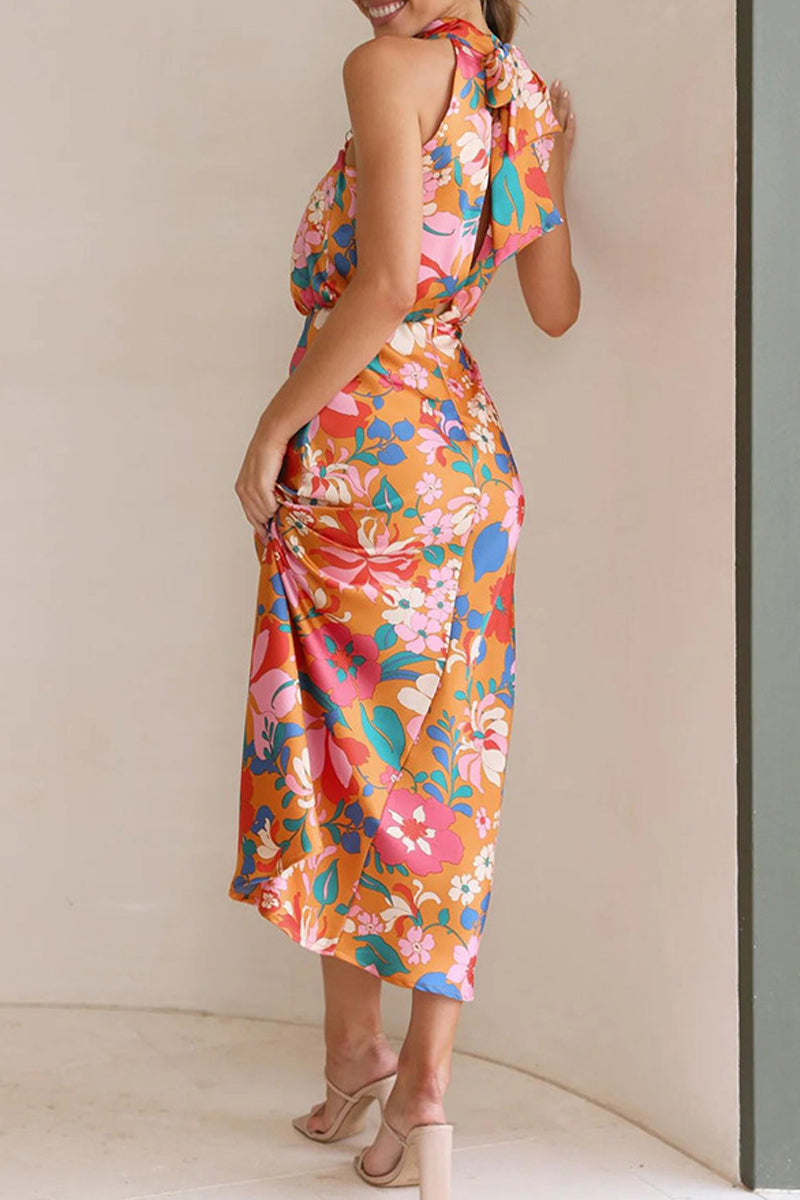 Celebrities Print Patchwork Asymmetrical Collar One Step Skirt Dresses