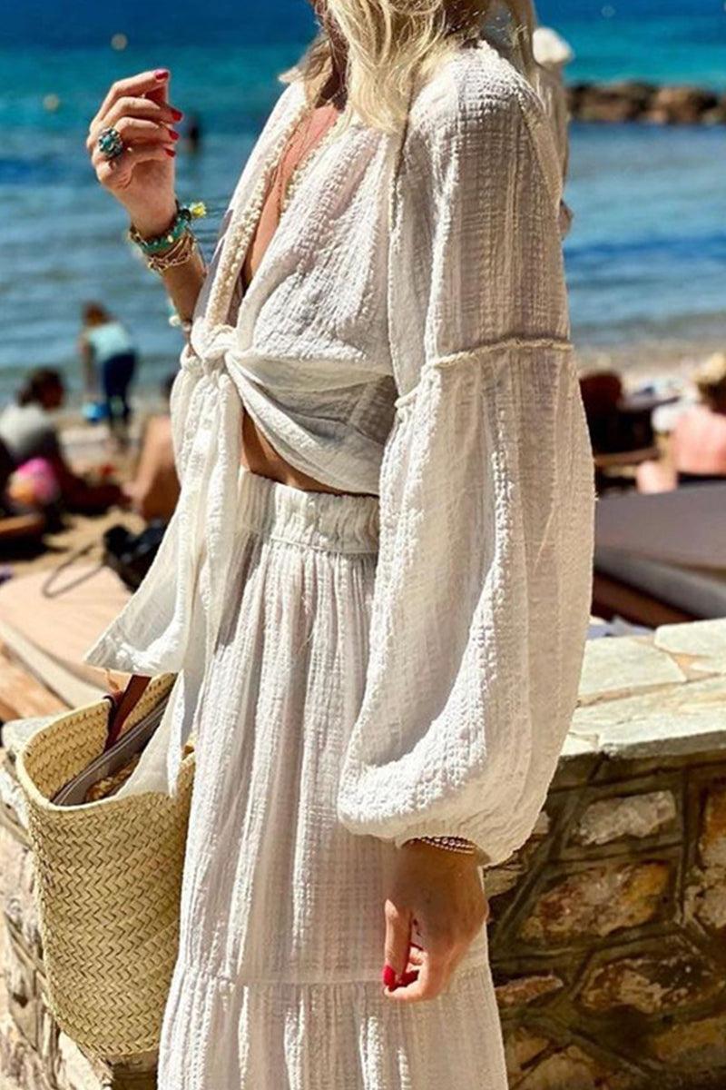 Vacation Knotted V Neck Long Sleeve Two Pieces