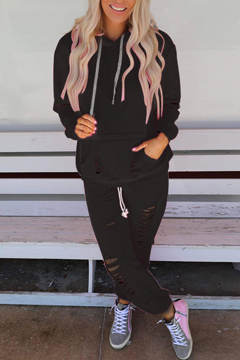 Ripped Pocket Hooded Collar Long Sleeve Two Pieces
