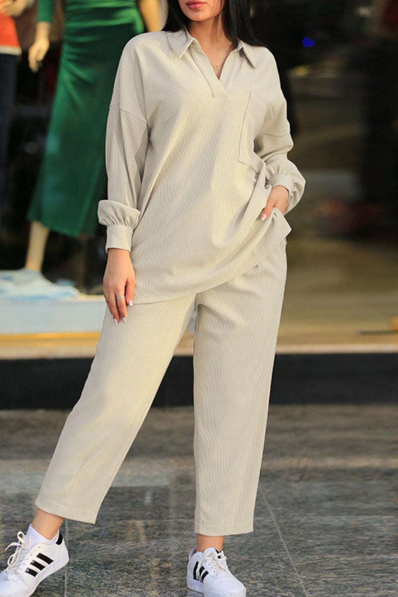 Patchwork Turndown Collar Long Sleeve Two Pieces