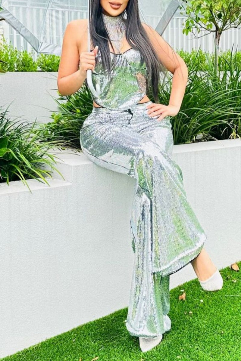 Patchwork Sequins Backless Strapless Sleeveless Two Pieces