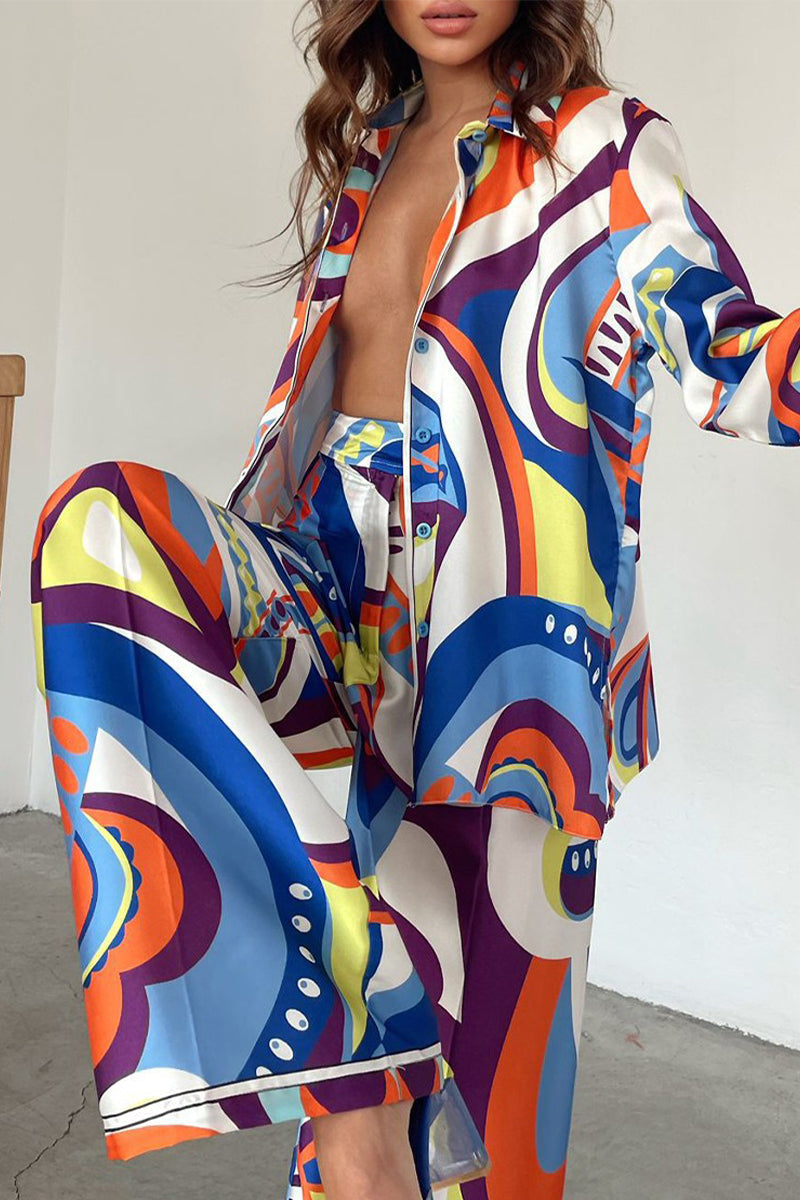 Geometric Printing Turndown Collar Long Sleeve Two Pieces