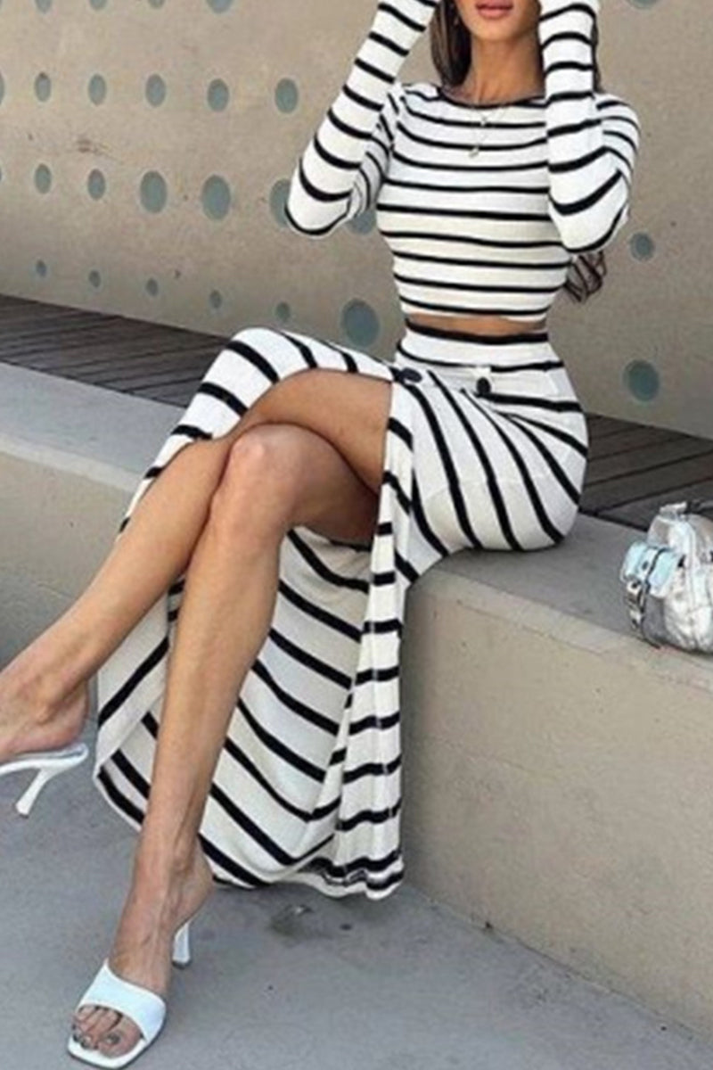 Celebrities Striped Print Buttons Slit O Neck Long Sleeve Two Pieces