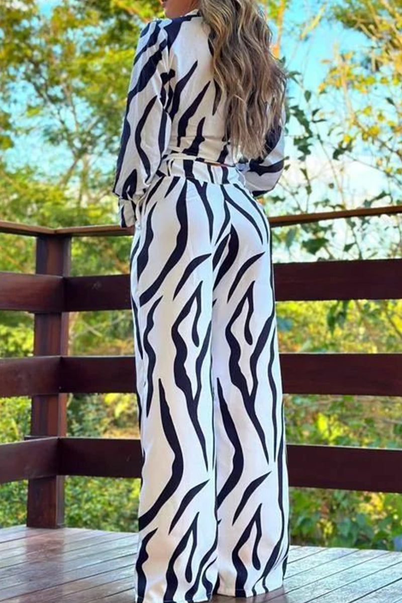 Print Bandage Patchwork Pocket O Neck Long Sleeve Two Pieces