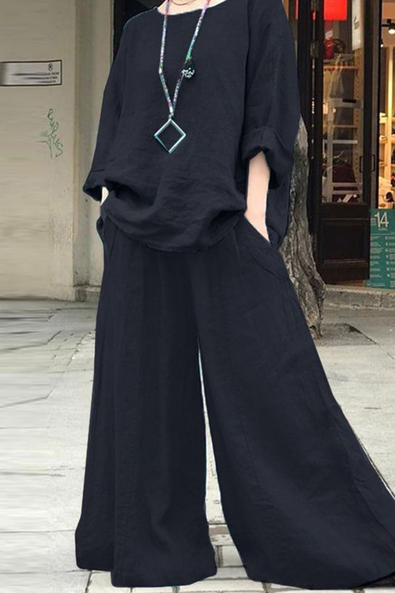Simplicity Pocket O Neck Long Sleeve Two Pieces