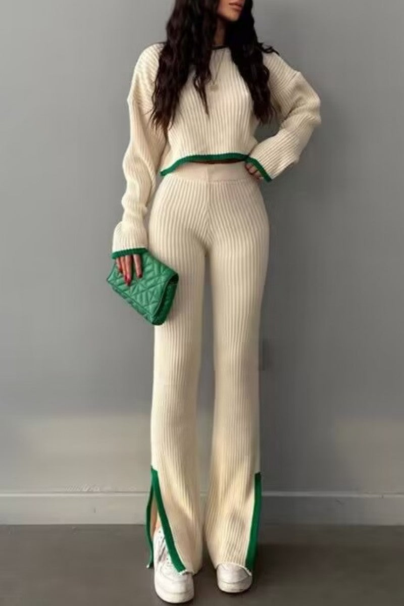 Patchwork O Neck Long Sleeve Two Pieces