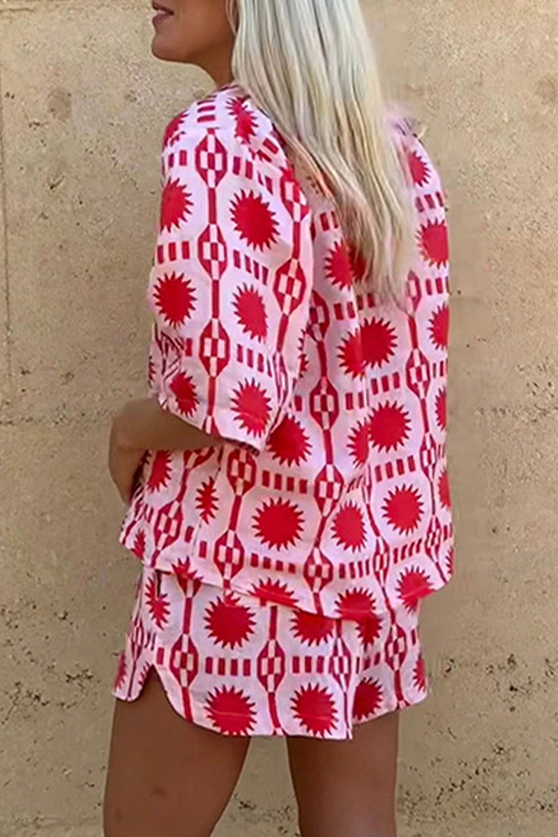 Vacation Print Pocket Turndown Collar Short Sleeve Two Pieces