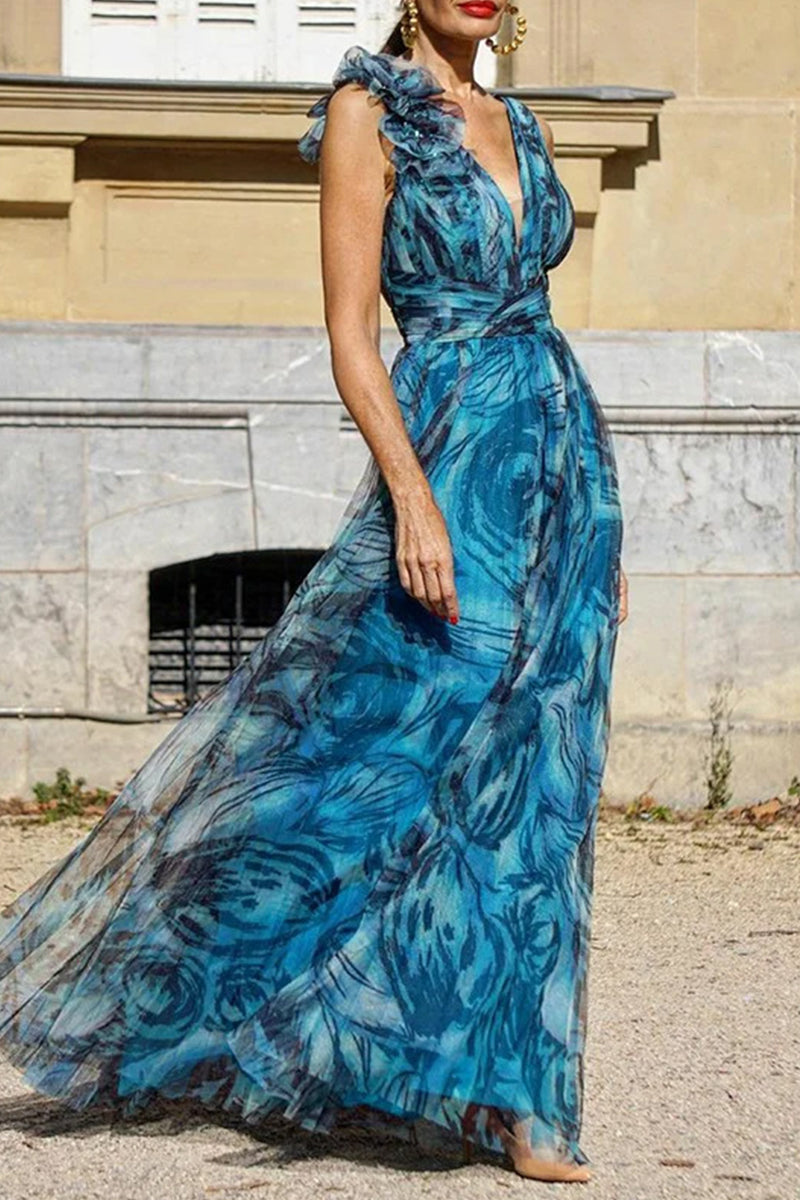 Sweet Geometric Printing V Neck Waist Skirt Dresses