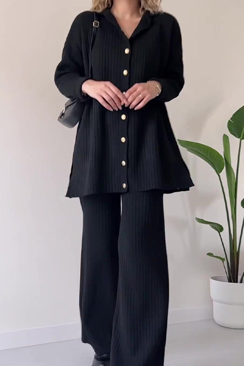 Buttons V Neck Long Sleeve Two Pieces