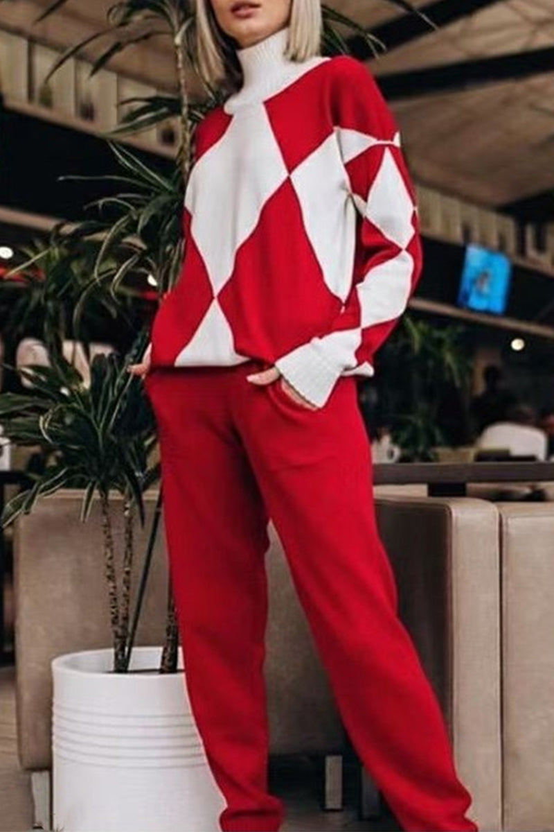 Color Block Pocket Contrast Turtleneck Long Sleeve Two Pieces