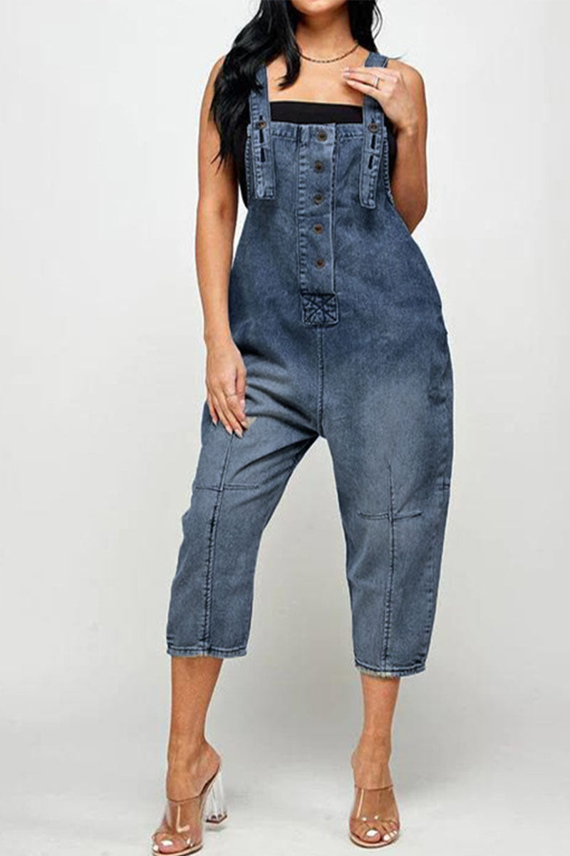 Street Patchwork Buckle Square Collar Straight Jumpsuits(4 Colors)