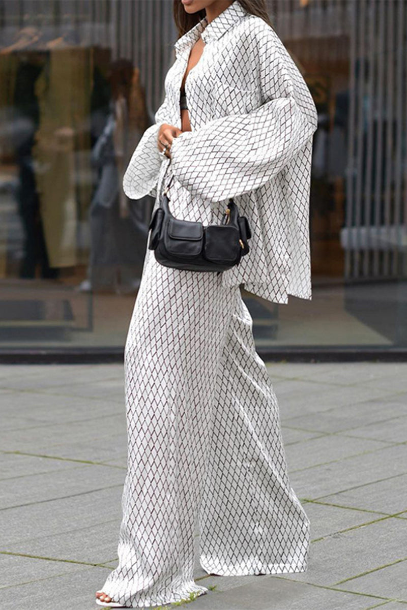 Geometric Pocket Turndown Collar Long Sleeve Two Pieces
